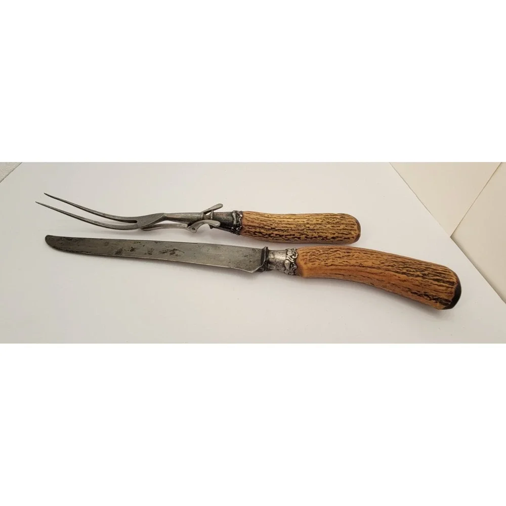 Antique Landers Frary Clark Stag Antler Carving Knife Fork Set Aetna Works